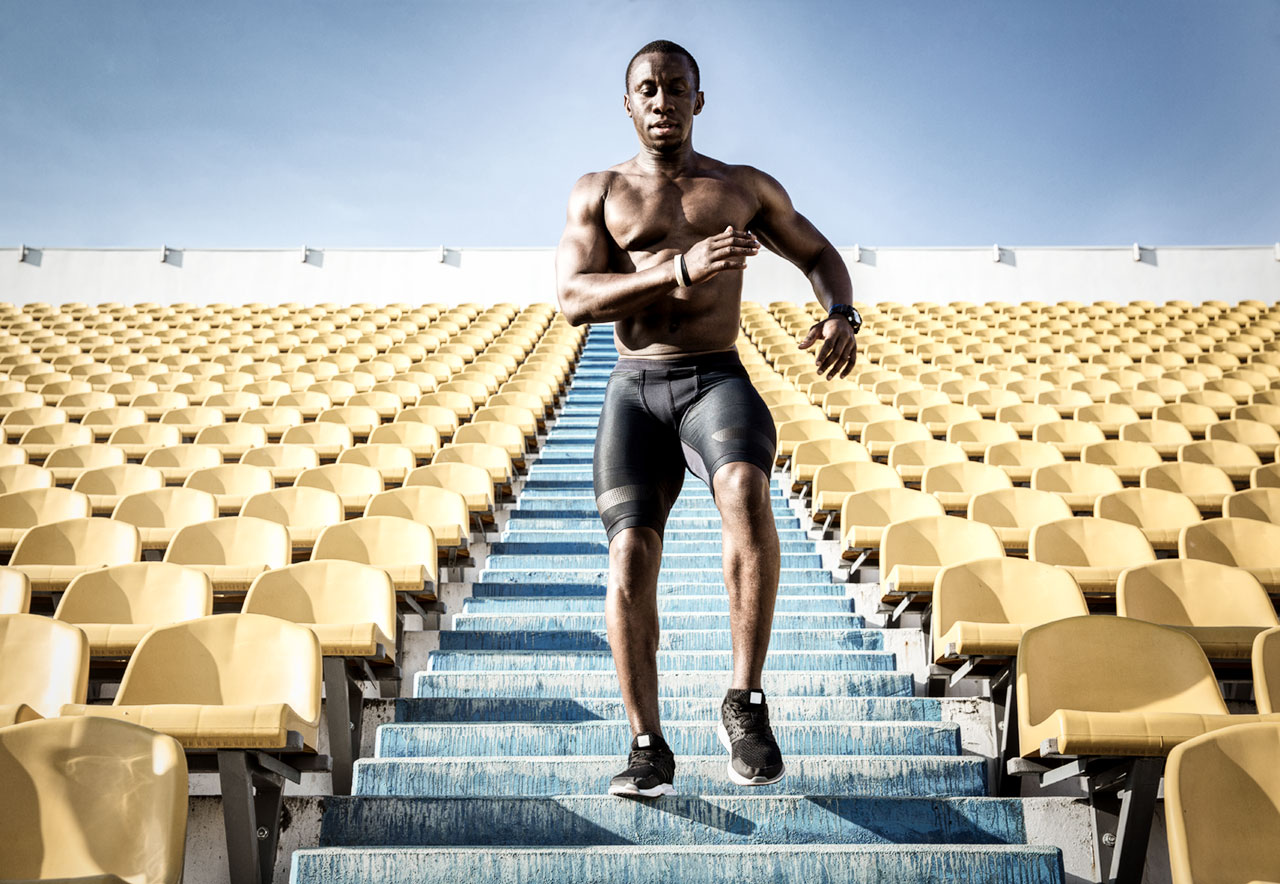 Concentration of Man Running Down Stairs