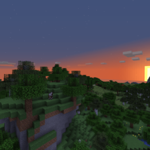 Sunset over a field in Minecraft
