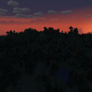 Sunset behind trees in Minecraft