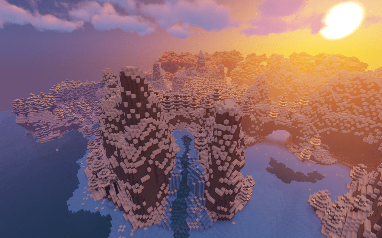 Minecraft Sunset over Snowy Peaks