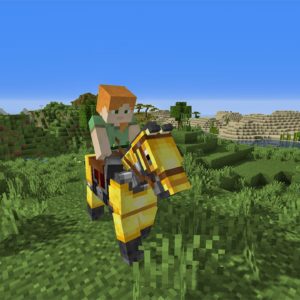 Alex riding an armored horse in Minecraft