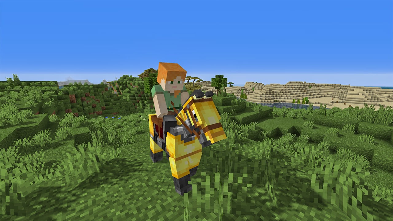 Alex riding an armored horse in Minecraft