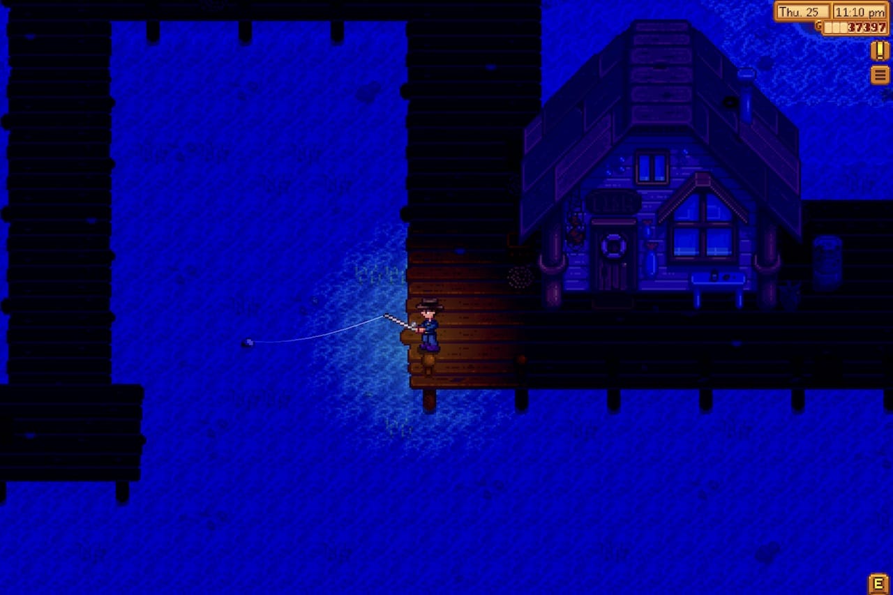 fishing at night in Stardew Valley