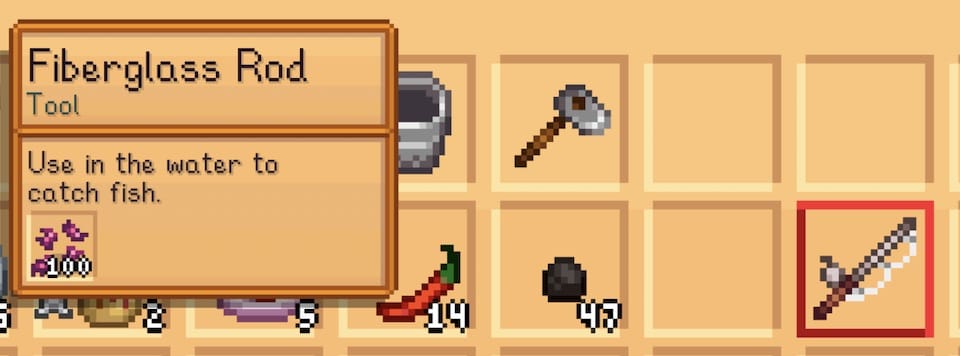 Adding bait to a fiberglass rod in Stardew Valley