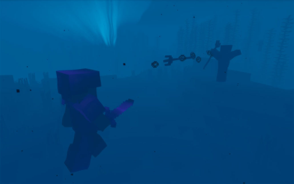 Fighting a Drowned armed with a trident in Minecraft