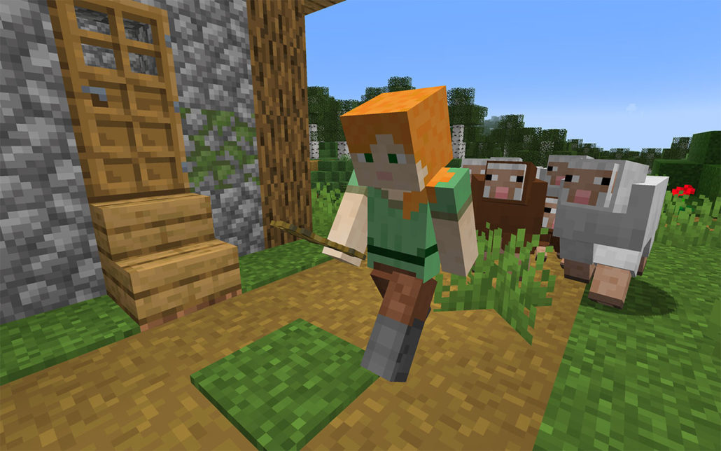 Leading sheep through a village in 
Minecraft