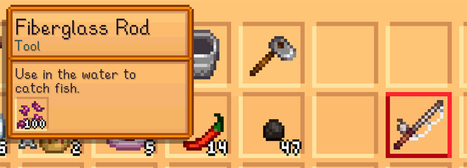 Bait attached to a Fiberglass Rod in Stardew Valley. Use bait, and the fish bite faster!